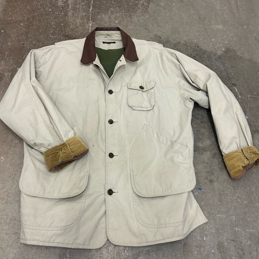 Men's Cream Jacket with Brown Accents leather collar corduroy cuffs barn coat